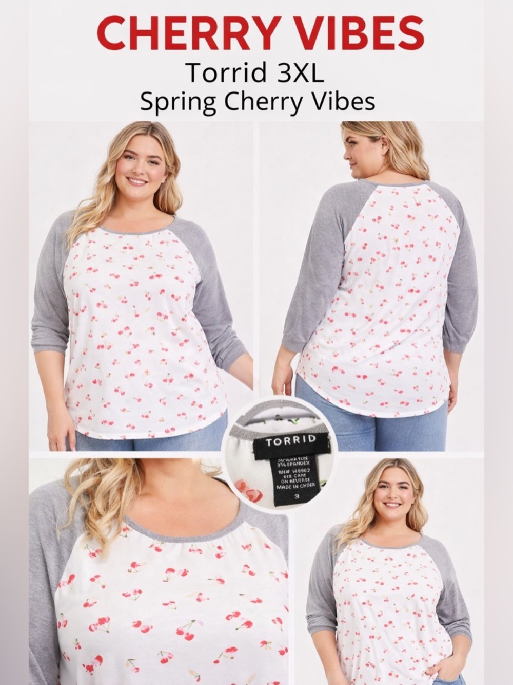 torrid White and Gray Cherry Print Raglan Long Sleeve Tee